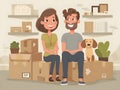 Generative AI. Man and woman sitting on the moving boxes together with their dog in their new home Royalty Free Stock Photo