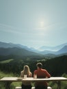 Man and woman sitting at the picnic table with drinks, talking and looking at the mountains in the distance. Generative AI Royalty Free Stock Photo