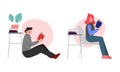 Man and Woman Sitting and Reading Interesting Book Vector Set