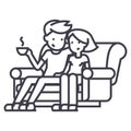 Man and woman sitting on the sofa at home vector line icon, sign, illustration on background, editable strokes Royalty Free Stock Photo