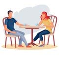 Man and woman are sitting at the square table, date, business meeting, breakfast, friends, isolated object on a white Royalty Free Stock Photo