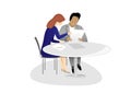 Man and woman are sitting at the table and talking about a working draft, isolated on a white background horizontal vector Royalty Free Stock Photo