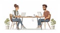 Man and woman sitting at the table and working on laptop. Vector illustration Royalty Free Stock Photo
