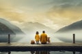 Man and woman sitting on a wooden pier and looking at a lake in the mountains, Family with a small yellow dog resting on a pier Royalty Free Stock Photo