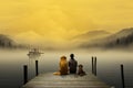 Man and woman sitting on a wooden pier in a misty lake, A family with a small yellow dog resting on a pier and looking at the lake Royalty Free Stock Photo