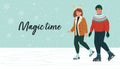 Man and woman skating together, happy couple. Winter activities, winter fun, magic time. Vector illustration in flat Royalty Free Stock Photo