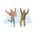 Man and woman skiers at apres ski party dancing celebrating cartoon isolated vector illustration