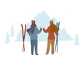 Man and woman skiers enjoying winter holidays in mountains, apres ski Royalty Free Stock Photo