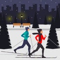 Man and woman skiers in motion in a snowy city park among the fir trees. Vector illustration in flat style.