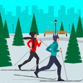 Man and woman skiers in motion in a snowy city park among the fir trees. Vector illustration in flat style.