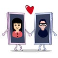 Man and woman on smartphones. Dating applications concept. vector illustration.