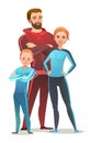 Man and woman and son in tracksuit. Got ready for sports activities. Cheerful person. Standing pose. Cartoon style