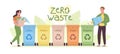 Man and a woman sort waste. Garbage sorting vector banner in flat style. Waste-free lifestyle that does not harm the