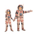 Man and woman in space suits holding hands. Astronauts couple, familly space travelling. Flat vector illustration Royalty Free Stock Photo