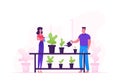 Man and Woman Spraying and Water Flowers on Shelf with Watering Can. Happy Romantic Couple Take Care of Home Plants