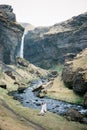 Man and woman stand on the bank of a river in the mountains. Iceland Royalty Free Stock Photo