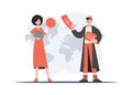A man and a woman stand in full growth holding a piggy bank and a passport. Travels. Element for presentations, sites.