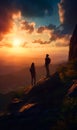 Man and woman stand high on the rock at sunset. Couple of mountain hikers watching sun down. Generative AI
