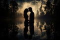 A man and woman stand side by side, taking in the scenic beauty of a tranquil lake, Mirror image of a couple kissing reflected in