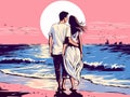 A Man And Woman Standing On A Beach Looking At The Sun - Honeymoon couple romantic in love at beach Royalty Free Stock Photo