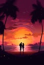 A man and a woman standing on a beach at sunset. Generative AI image. Royalty Free Stock Photo