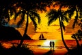 Man and woman are standing on the beach at sunset with sailboat in the distance. Generative AI