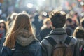 A man and a woman standing in a busy street, taking in the citys energy and vibes