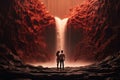 Man and woman standing in a cave and looking at a waterfall, A couple holding hands, walking along a sandy beach during sunrise, Royalty Free Stock Photo