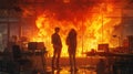 Man and woman standing in front of a burning office building Royalty Free Stock Photo