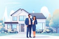 Man and Woman Standing in Front of House - Homeowners in Neighborhood Setting, Happy young couple standing in front of new home - Royalty Free Stock Photo