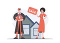 A man and a woman are standing in full growth holding a model of the house in their hands. House sale. Flat style Royalty Free Stock Photo