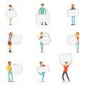 Man and woman standing and holding blank speech bubbles. Communication between people vector Illustrations Royalty Free Stock Photo