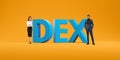 Man and woman standing near big DEX sign Royalty Free Stock Photo