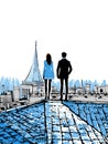 A Man And Woman Standing On A Roof - Fashion Art of a Couple on the roofs of paris