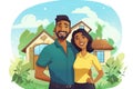 A man and woman are standing side by side in front of a house, enjoying the sunshine, Indian couple smiling and showing house, Royalty Free Stock Photo