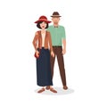 Man and woman standing together, two characters in hats and hipster outfit hugging