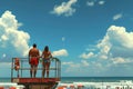 Man and Woman Standing on Life Guard Tower. Generative AI. Royalty Free Stock Photo