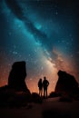 Man and woman standing on top of a rock and looking at the milky way Royalty Free Stock Photo