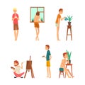 Man and Woman Staying Home Engaged in Different Leisure Activity Vector Set