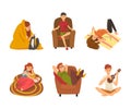 Man and Woman Staying Home Engaged in Different Leisure Activity Vector Set