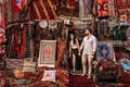 Man and woman in the store. Couple in love in Turkey. Man and woman in the Eastern country. Happy couple travels the world. Royalty Free Stock Photo