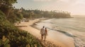 Romantic Sunset Stroll: Couple Walking Along Bali Beach Royalty Free Stock Photo