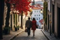 A man and woman strolling down a picturesque cobblestone street in the heart of a historic city, A long shot of a couple walking
