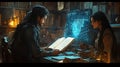 A man and woman study an ancient text illuminated by a glowing holographic image in a dimly lit library Royalty Free Stock Photo