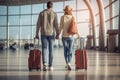 A young loving couple of tourists waiting for a plane flight. Man and woman with suitcases at the airport. Concept: travel, Royalty Free Stock Photo