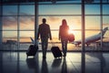 A young loving couple of tourists waiting for a plane flight. Man and woman with suitcases at the airport. Concept: travel, Royalty Free Stock Photo