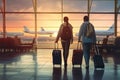 A young loving couple of tourists waiting for a plane flight. Man and woman with suitcases at the airport. Concept: travel, Royalty Free Stock Photo