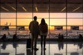 A young loving couple of tourists waiting for a plane flight. Man and woman with suitcases at the airport. Concept: travel, Royalty Free Stock Photo