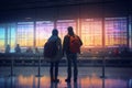 A young loving couple of tourists waiting for a plane flight. Man and woman with suitcases at the airport. Concept: travel, Royalty Free Stock Photo