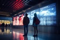 A young loving couple of tourists waiting for a plane flight. Man and woman with suitcases at the airport. Concept: travel, Royalty Free Stock Photo